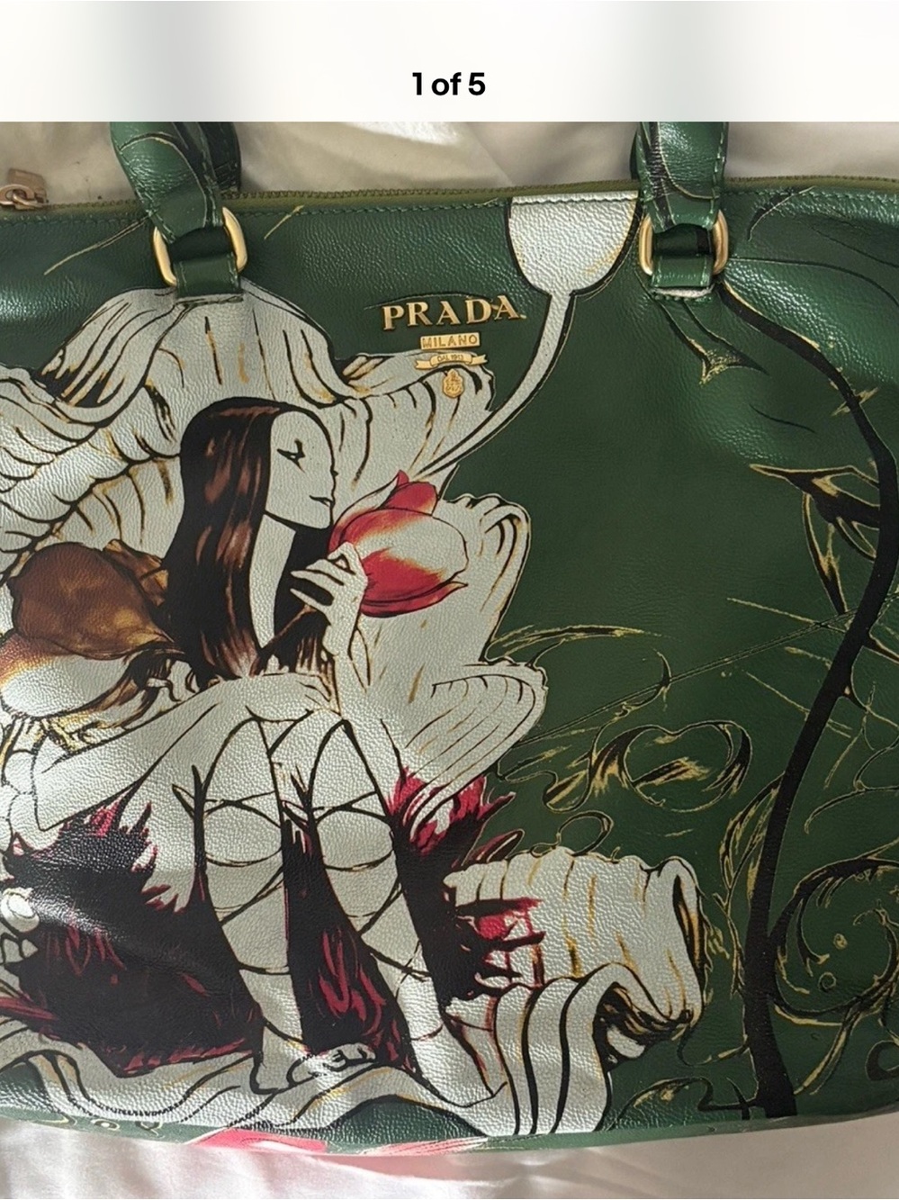 Leather Green Fairy Floral Print Satchel Top Handle Bag Zip Closure Artistic Bag